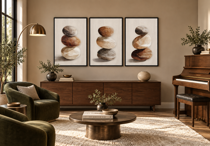 Set of 3 minimalist wall art prints featuring stacked stones in neutral tones above a wooden console