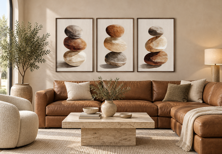 Set of 3 minimalist wall art prints featuring stacked stones in neutral tones above a brown sofa.