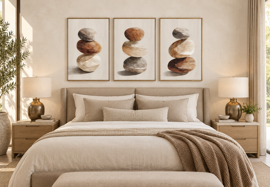 Set of 3 minimalist wall art prints featuring stacked stones in neutral tones above a bed.
