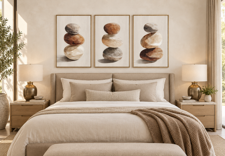 Set of 3 minimalist wall art prints featuring stacked stones in neutral tones above a bed.