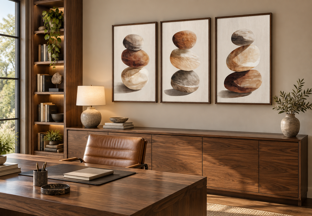 Set of 3 minimalist wall art prints featuring balanced stacks of smooth, neutral-toned stones.