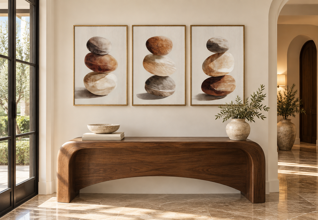 Set of 3 minimalist wall art pieces featuring vertical stacks of smooth, neutral-toned stones.