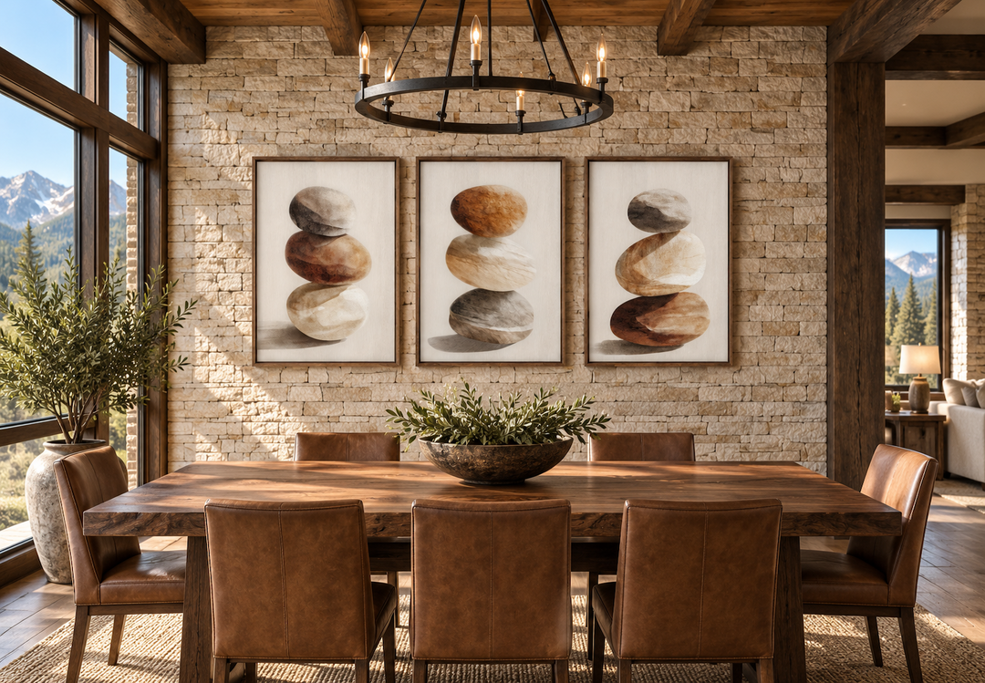 Set of 3 minimalist canvas prints featuring vertical stacked stones in neutral, earthy tones.