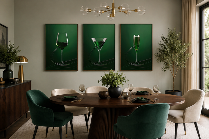 Triptych of emerald green framed canvas art featuring a wine glass, martini, and champagne flute.
