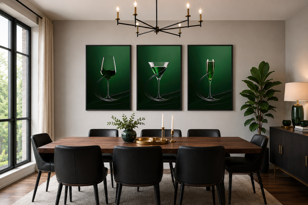 Three framed emerald green canvas prints of a wine glass, martini, and champagne flute.