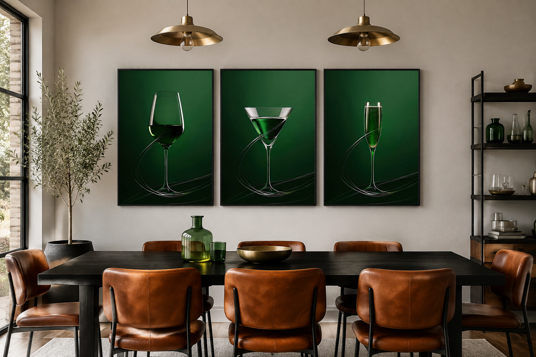 Three-piece emerald green framed canvas art of a wine glass, martini, and champagne flute.
