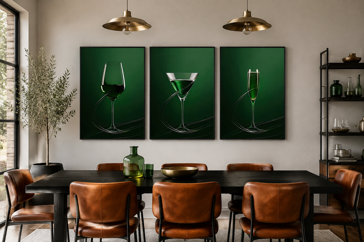 Three-piece emerald green framed canvas art of a wine glass, martini, and champagne flute.