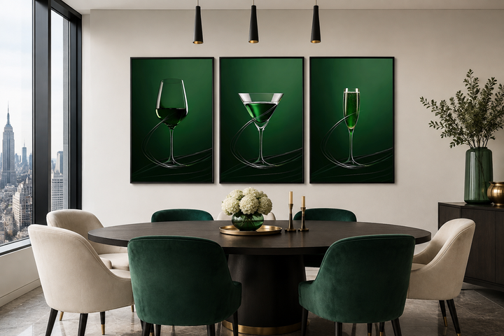Three framed emerald green canvas prints of a wine glass, martini, and champagne flute.