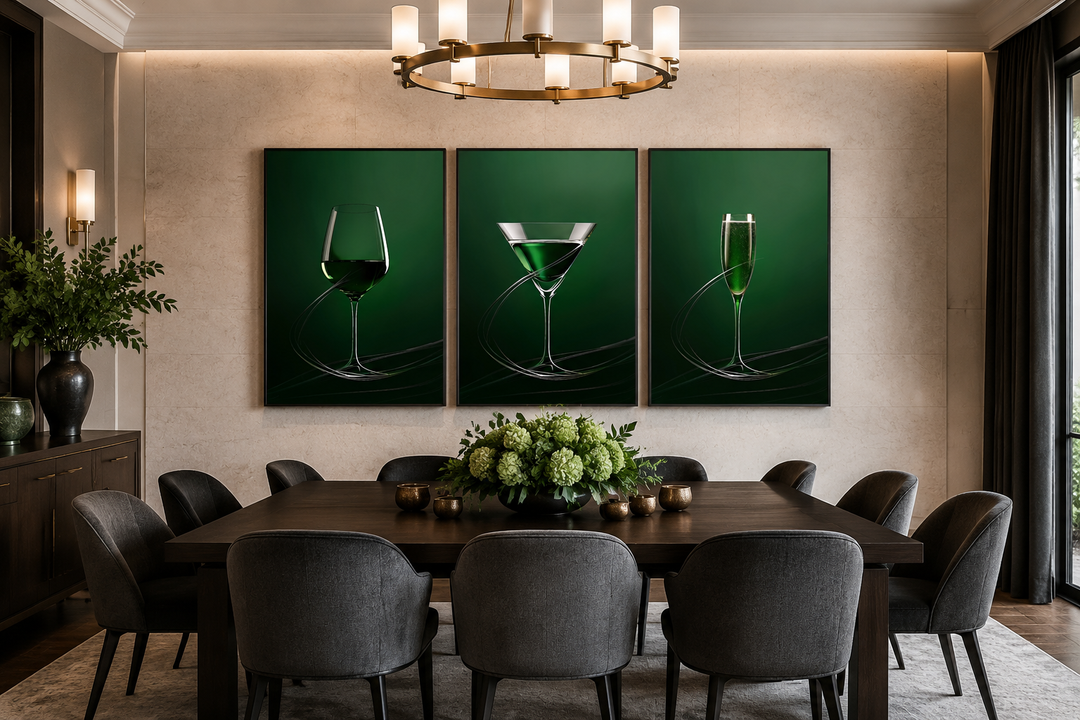 Three-piece emerald green canvas art set featuring a wine glass, martini, and champagne flute.