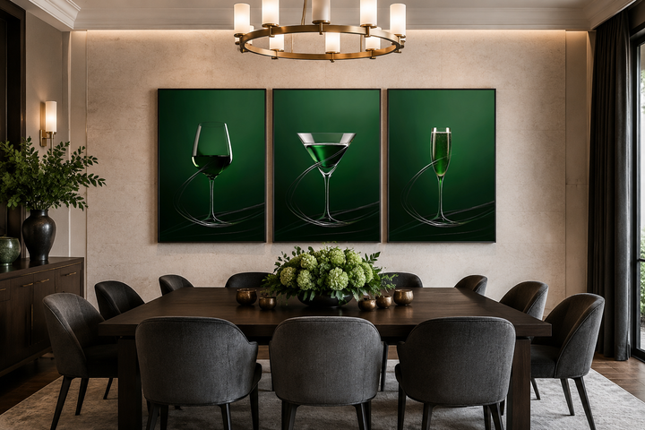 Three-piece emerald green canvas art set featuring a wine glass, martini, and champagne flute.