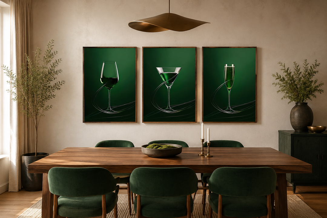 Set of three emerald green framed canvas prints featuring a wine glass, martini, and champagne flute.