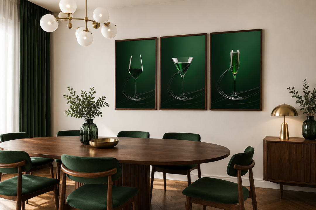 Three framed emerald green canvas prints of a wine glass, martini, and champagne flute in a room.