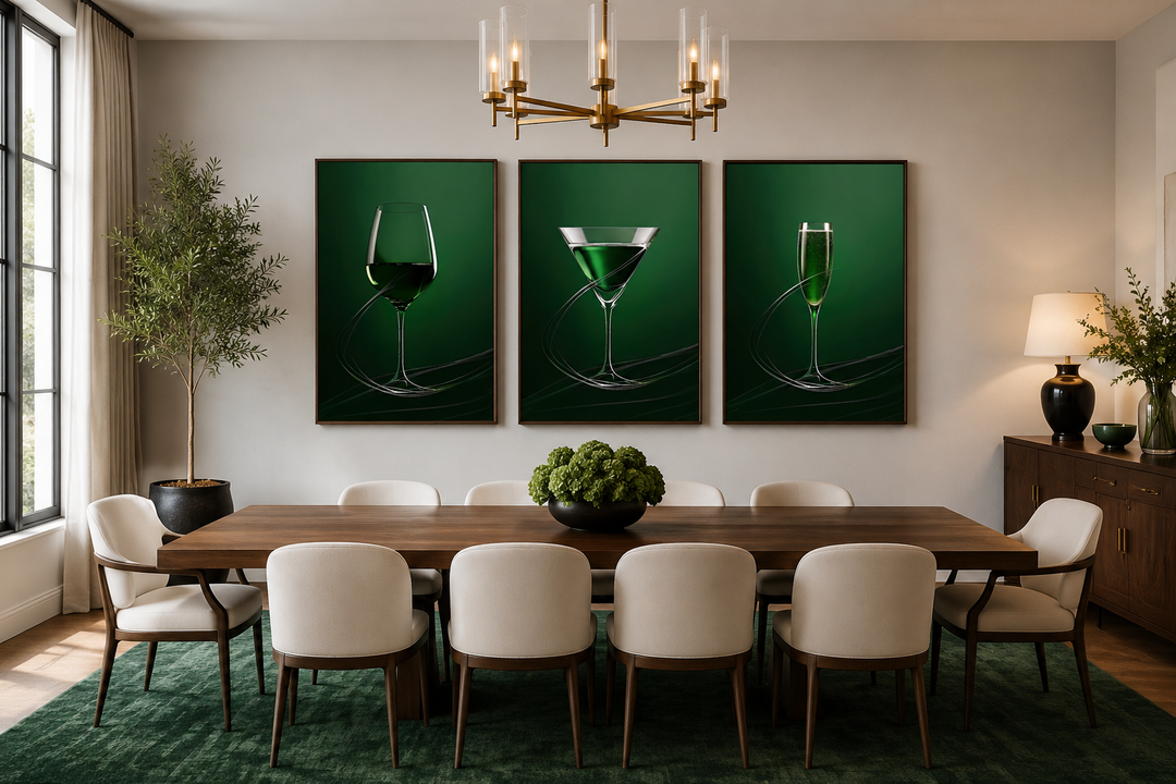Three-piece emerald green canvas art of a wine glass, martini, and champagne flute in a dining room.