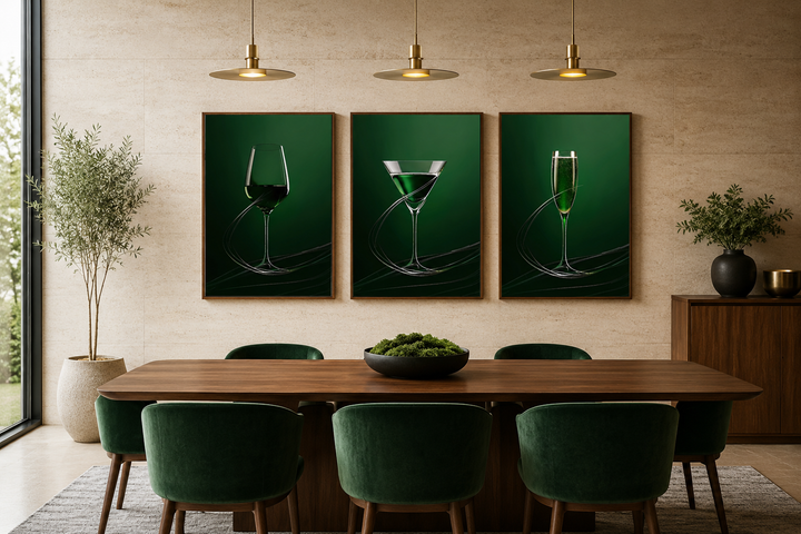 Three-piece framed canvas art of emerald green wine, martini, and champagne glasses in a dining room.