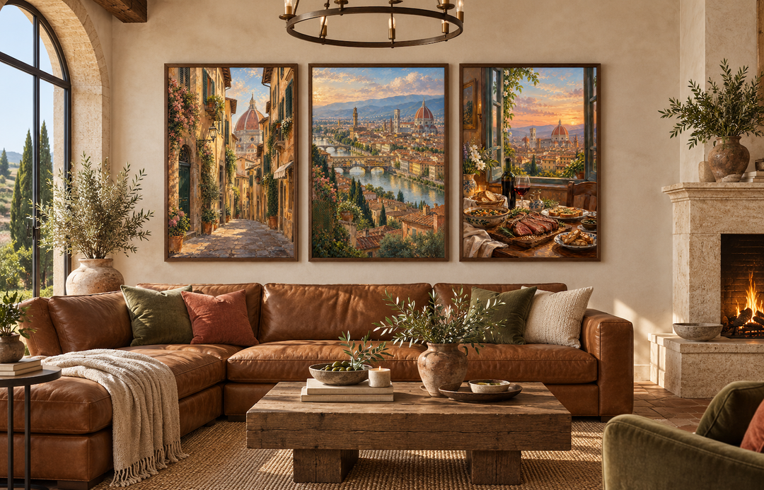 Set of three Florence wall art posters featuring Italian architecture and Tuscan landscapes.