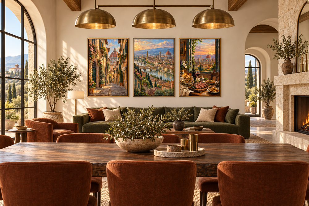 Set of three framed Florence wall art prints featuring Italian architecture and Tuscan landscapes.