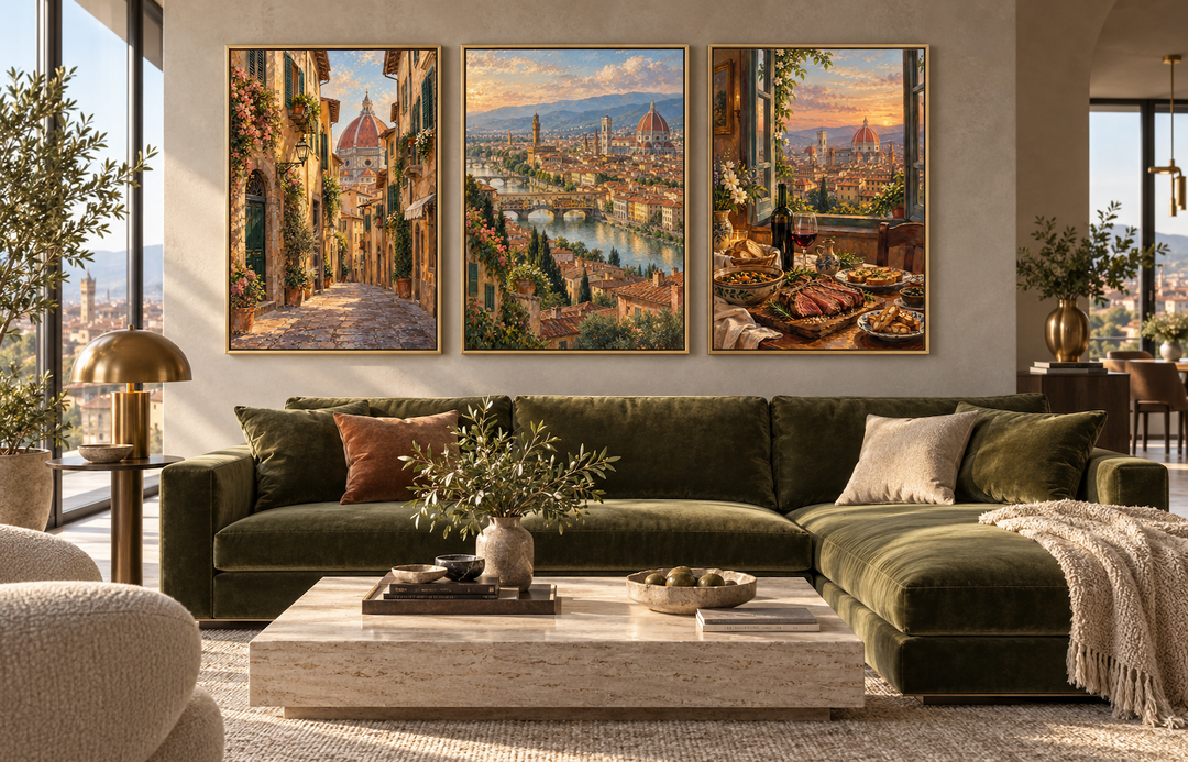 Set of three framed Florence travel posters featuring Italian architecture and Tuscan landscapes.