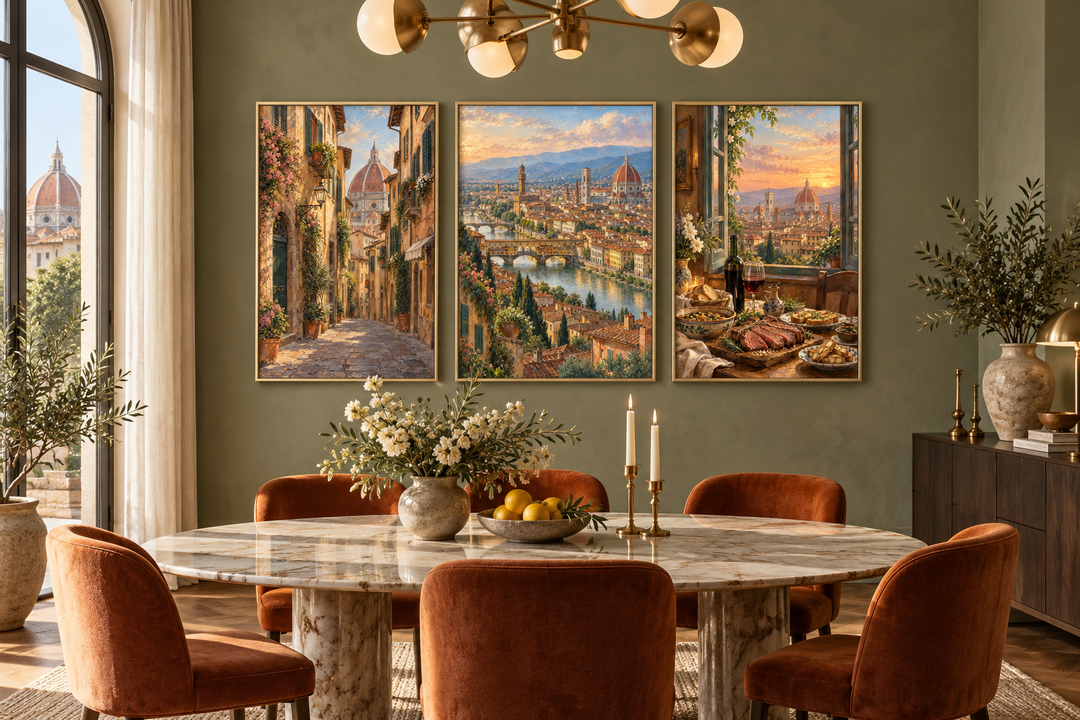 Set of three Florence wall art prints featuring Tuscan landscapes and cityscapes in a dining room.