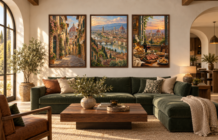 Set of three framed Florence travel posters featuring iconic landmarks and Tuscan landscapes.