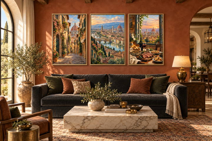 Set of three framed Florence travel posters featuring Italian architecture and Tuscan landscapes.