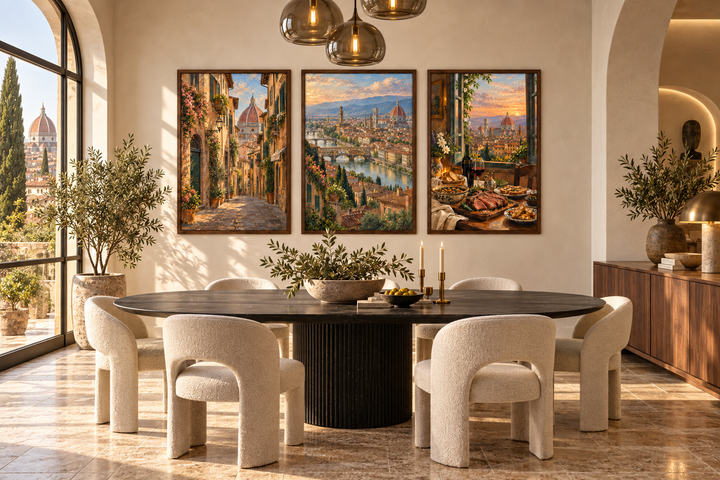 Set of three framed Florence, Italy travel posters featuring iconic landmarks and Tuscan scenery.