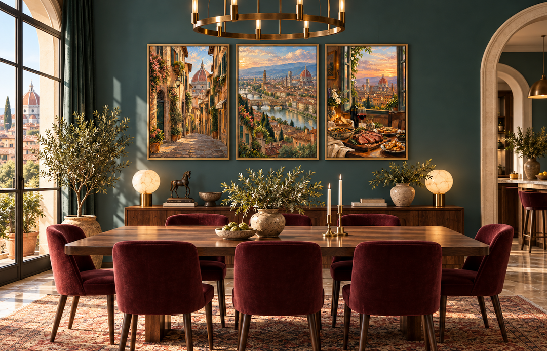 Set of three framed Florence wall art prints featuring Italian cityscapes above a dining table.
