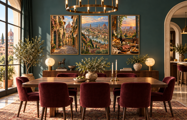 Set of three framed Florence wall art prints featuring Italian cityscapes above a dining table.