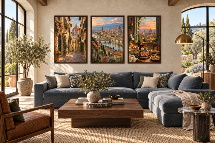 Set of three framed Florence wall art prints featuring Italian cityscapes and a dining scene.