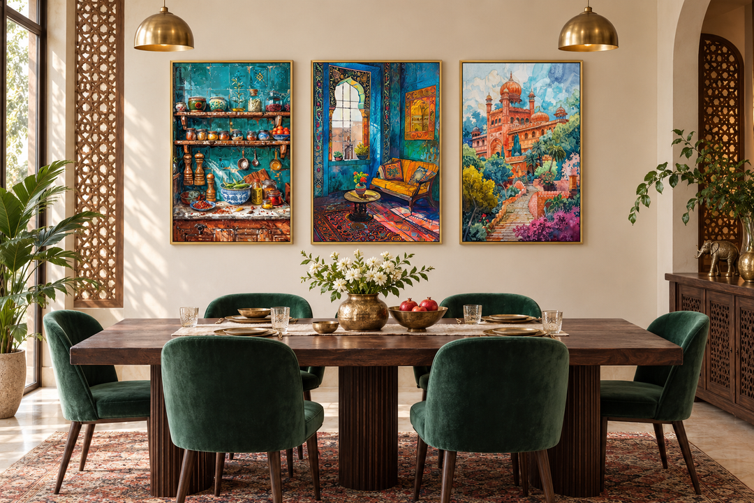 Set of three colorful Indian wall art pieces depicting a kitchen, room, and temple in a dining room.