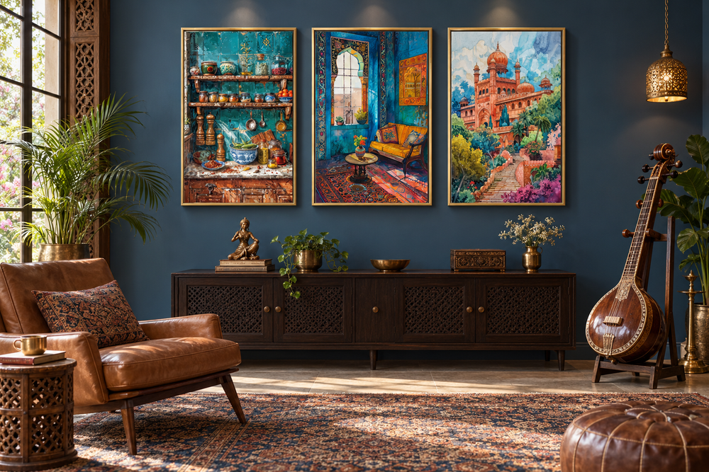 Set of three framed Indian wall art pieces featuring a kitchen, room, and temple in vibrant colors.