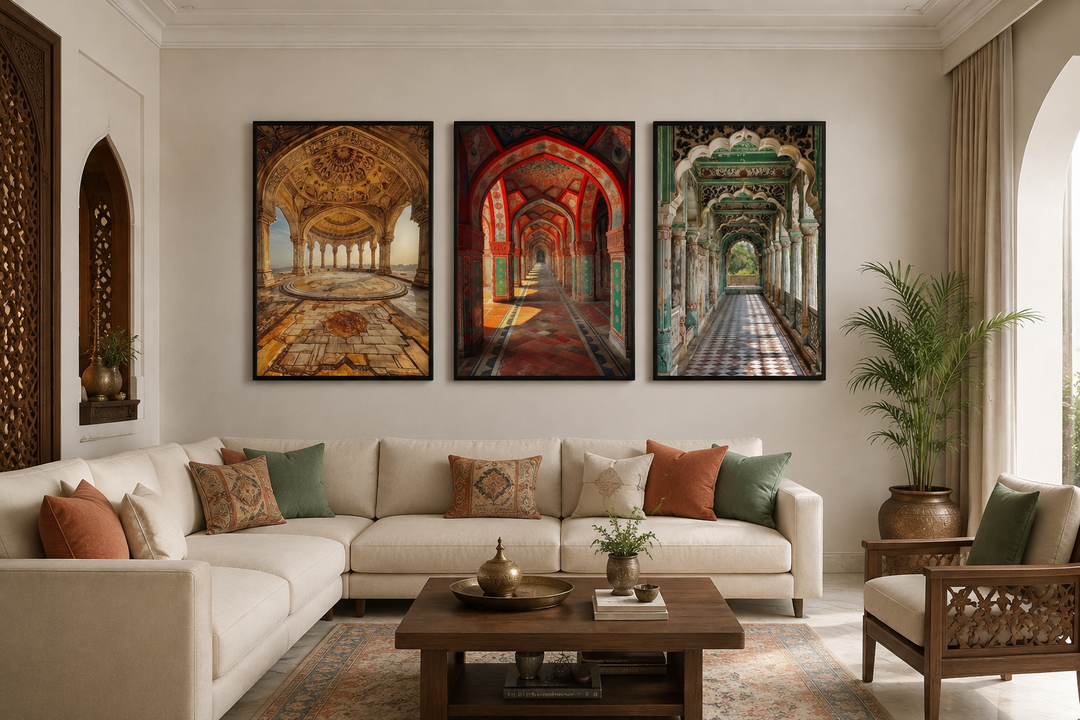 Set of three framed canvas prints featuring colorful Indian Mughal architecture above a sofa.