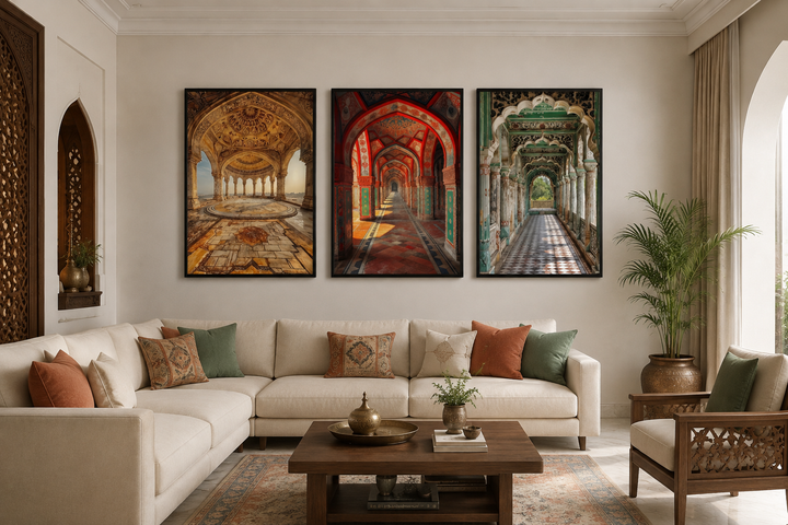 Set of three framed canvas prints featuring colorful Indian Mughal architecture above a sofa.