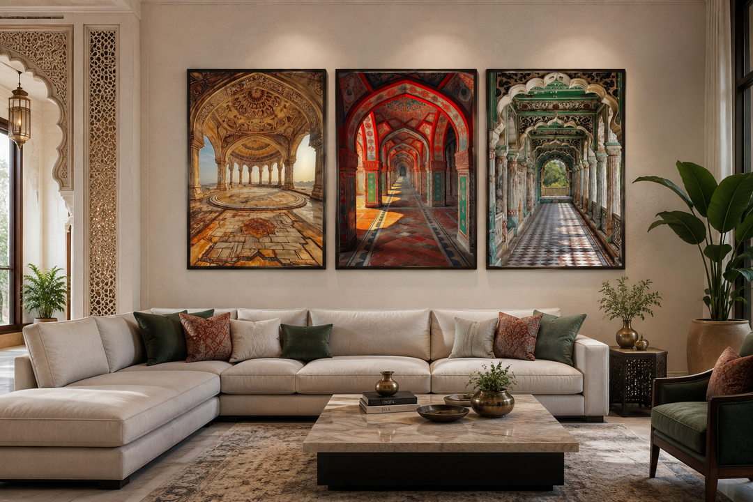 Set of three framed canvas prints featuring colorful Mughal architecture above a modern sofa.