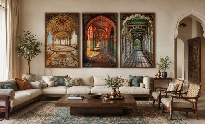 Set of three framed canvas prints featuring colorful Indian Mughal architecture in a living room.