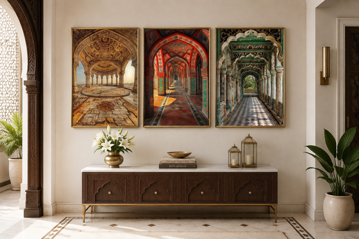 Set of three framed canvas prints featuring colorful Indian Mughal architectural arches and domes.