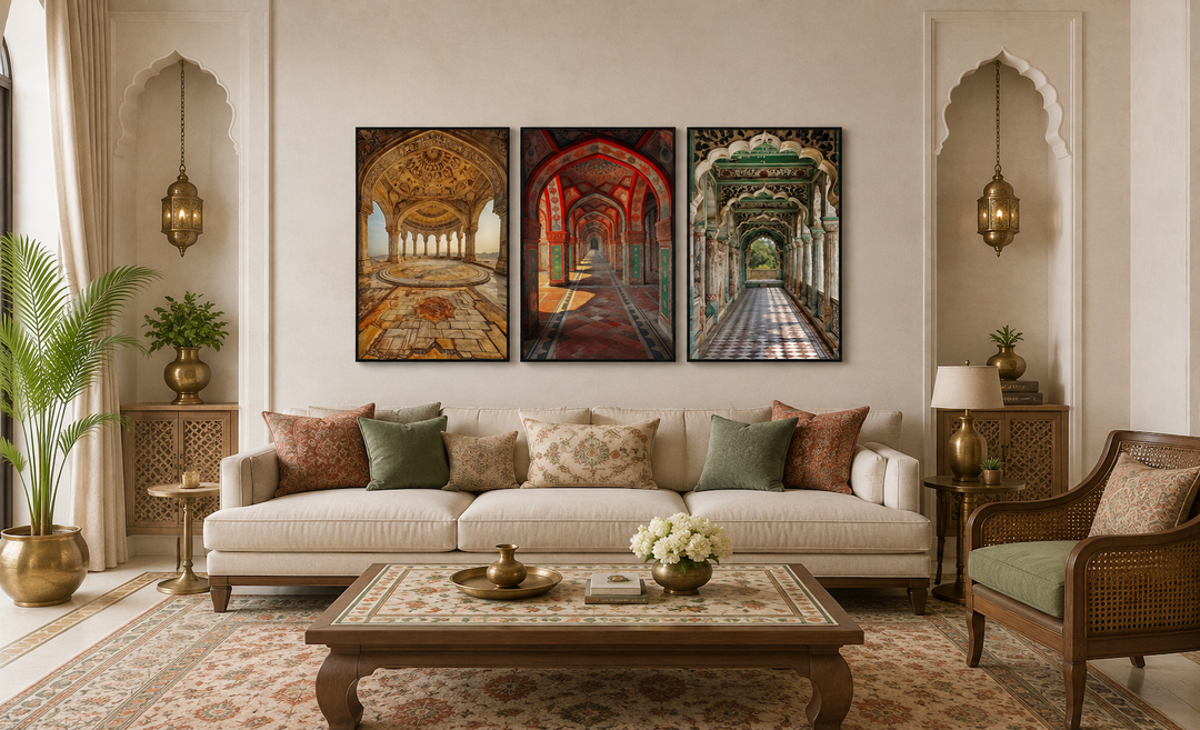 Set of three framed canvas prints featuring colorful Mughal architecture arches in a living room.