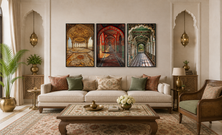 Set of three framed canvas prints featuring colorful Mughal architecture arches in a living room.