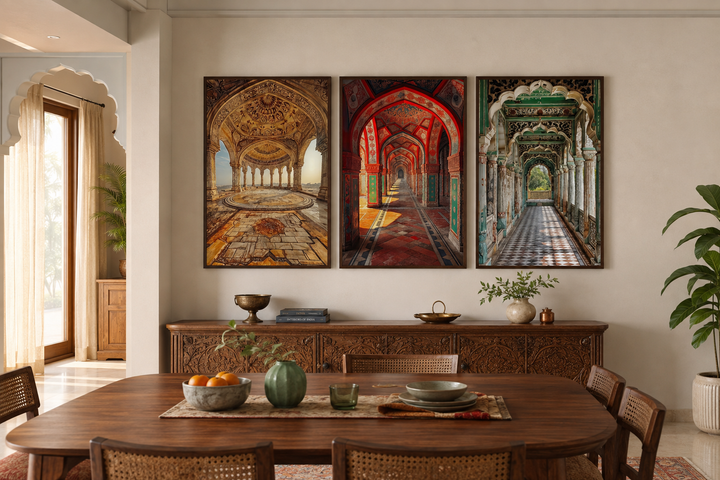 Set of three framed canvas prints featuring colorful Indian Mughal architecture in a dining room.