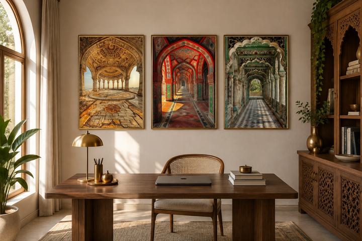 Set of three framed canvas prints featuring colorful Indian Mughal architecture above a wooden desk.