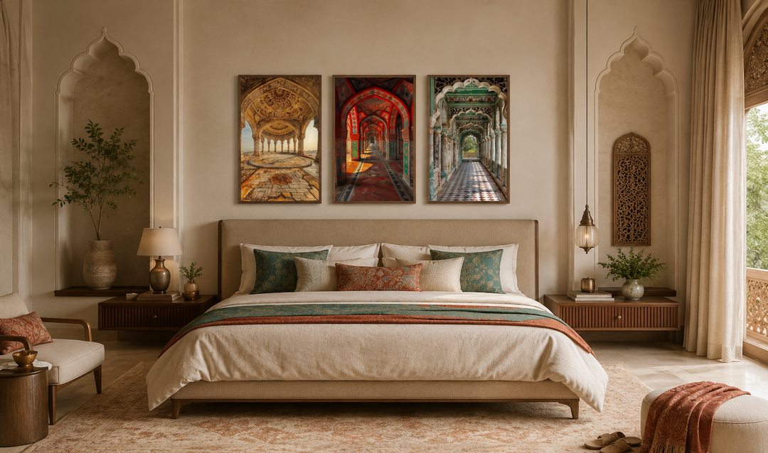 Set of three framed canvas wall art pieces featuring colorful Indian Mughal architecture.