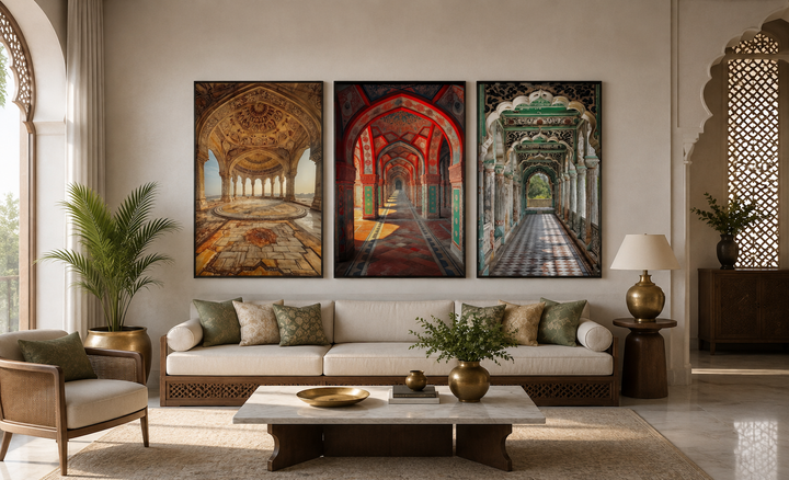 Set of three framed canvas prints featuring colorful Indian Mughal architectural arches and domes.