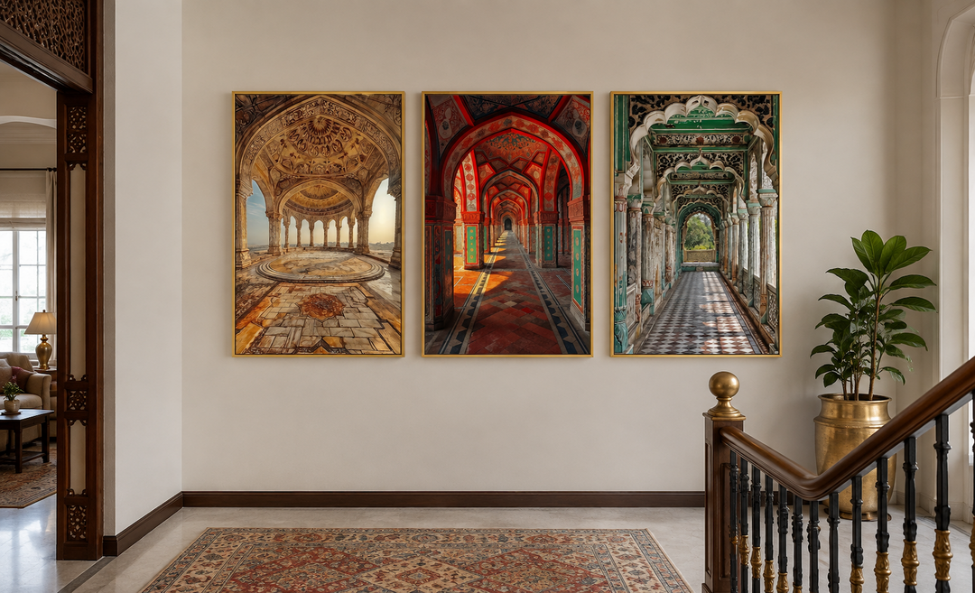 Set of three framed canvas prints featuring colorful Mughal architecture arches in a home hallway.