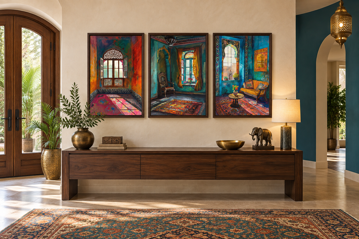 Set of three framed canvas prints featuring colorful Indian room and window architectural scenes.