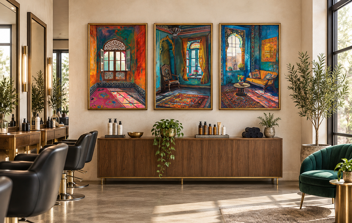 Set of three framed canvas prints featuring colorful Indian-inspired room and window scenes.