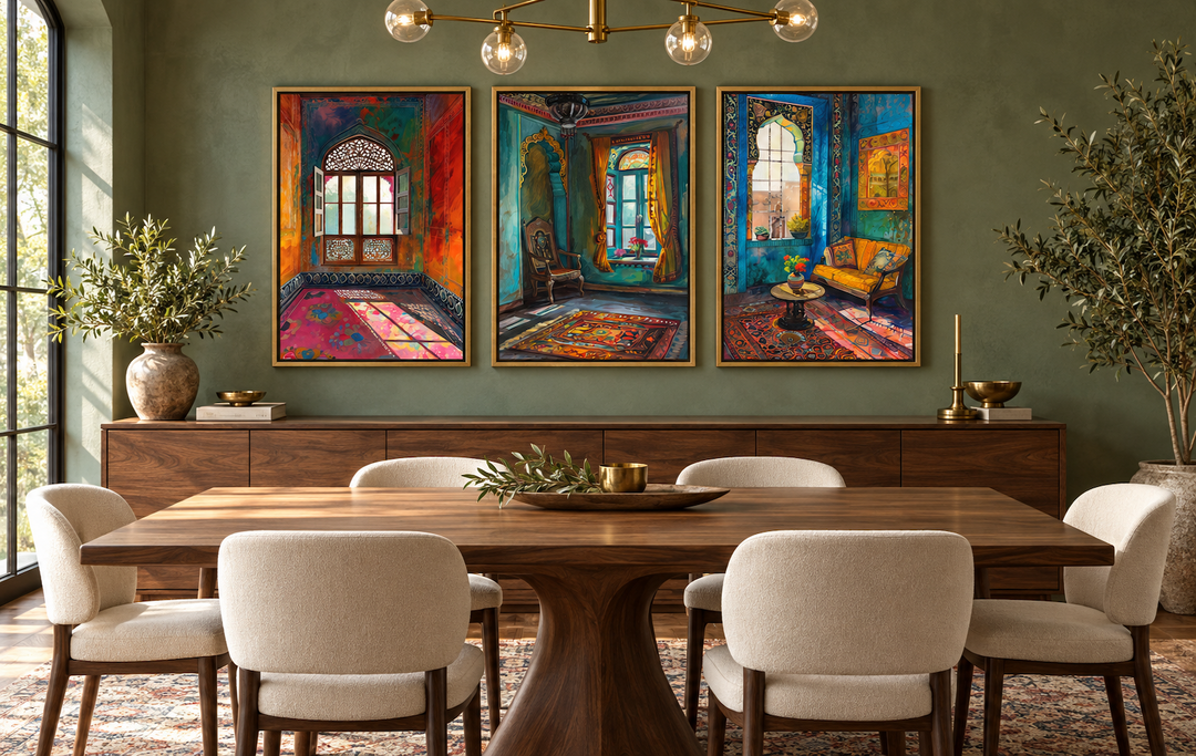 Set of three framed canvas prints featuring colorful Indian-inspired room and window paintings.