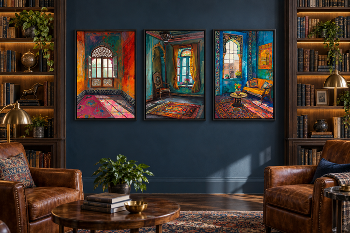 Set of three framed canvas prints featuring colorful Indian-inspired room and window scenes.