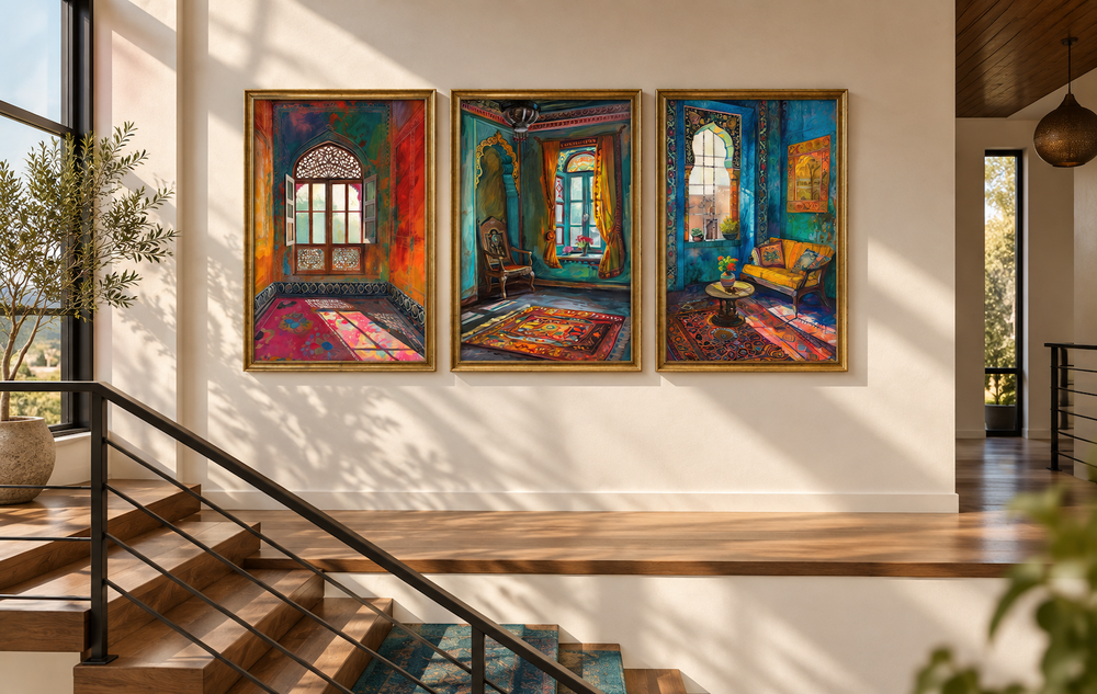 Set of three framed canvas prints featuring colorful, ornate Indian rooms and windows on a wall.