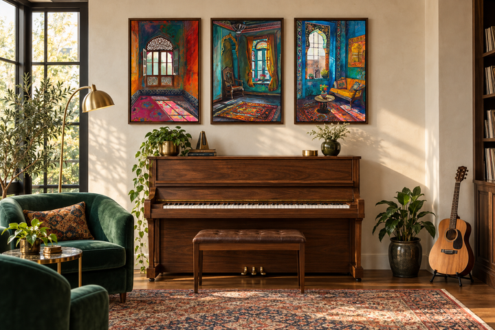 Set of three framed canvas prints featuring colorful Indian room and window architectural art.