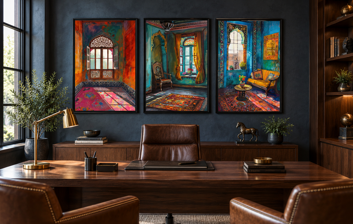Set of three framed canvas prints featuring colorful Indian room and window architectural scenes.
