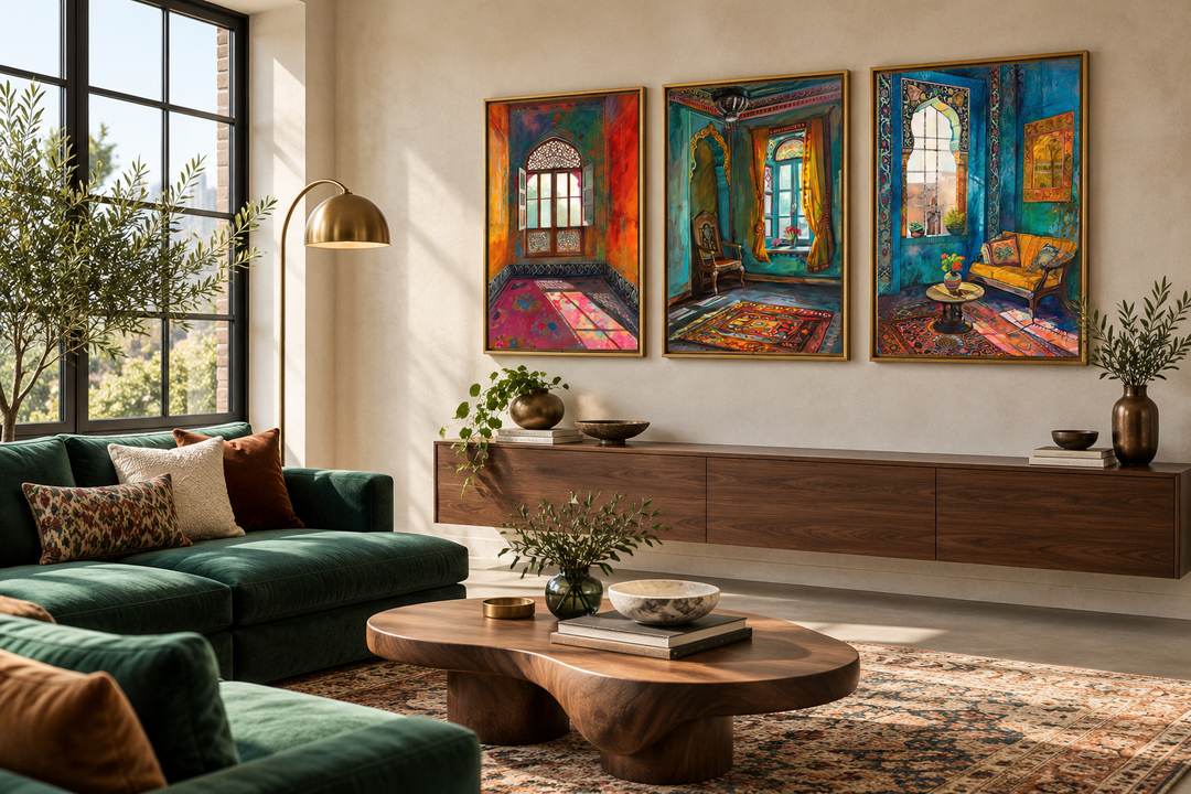 Set of three framed canvas prints featuring colorful Indian room and window architectural art.
